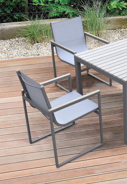 Armen Living Bistro Outdoor Patio Dining Chair In Grey Powder Coated Finish With Grey Sling Textilene And Grey Wood Accent Arms - Set Of 2