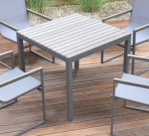 Armen Living Bistro Outdoor Patio Dining Table In Grey Powder Coated Finish With Grey Wood Top