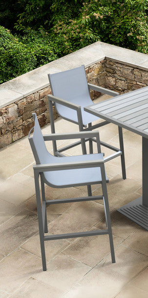 Armen Living Marina Outdoor Patio Barstool In Grey Powder Coated Finish With Grey Sling Textilene And Grey Wood Accent Arms