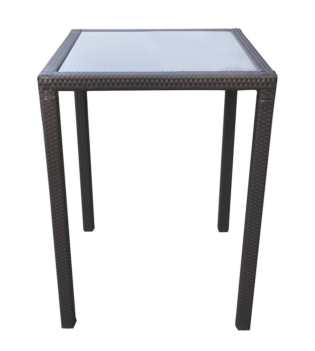 Armen Living Tropez Outdoor Patio Wicker Bar Table With Black Glass Top