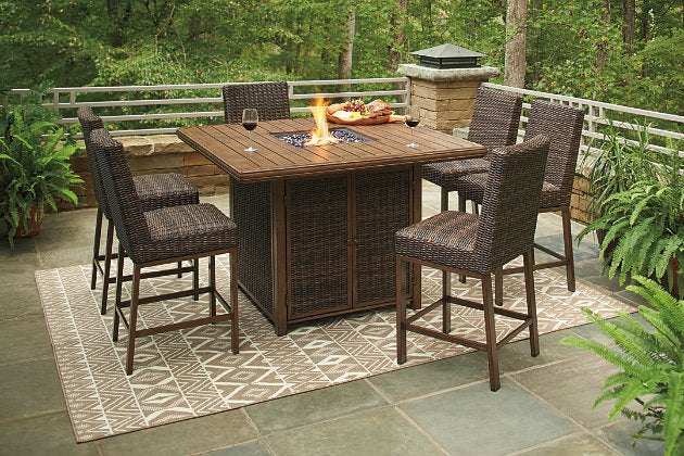 Paradise Trail 7 Piece Outdoor Bar Stool & Fire Table Set