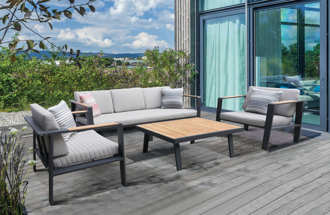 Armen Living Nofi 4 Piece Outdoor Patio Set In Charcoal Finish With Taupe Cushions And Teak Wood