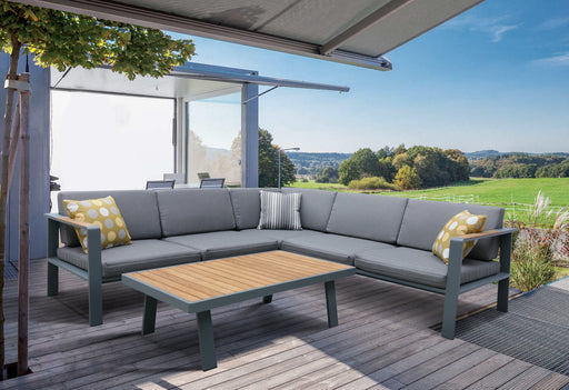 Armen Living Nofi Outdoor Patio Sectional Set In Gray Finish With Gray Cushions And Teak Wood