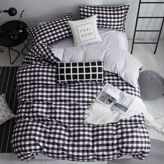 Liv-Esthete Fashion Classic Black Grid Bedding Set Double Queen King Bed Linen Soft Duvet Cover Pillowcase Flat Sheet For Adult