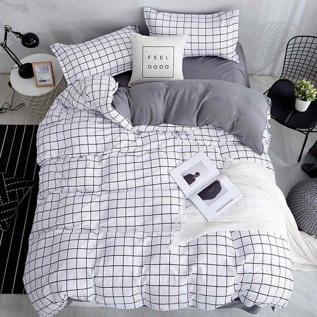 Liv-Esthete Fashion Classic Black Grid Bedding Set Double Queen King Bed Linen Soft Duvet Cover Pillowcase Flat Sheet For Adult