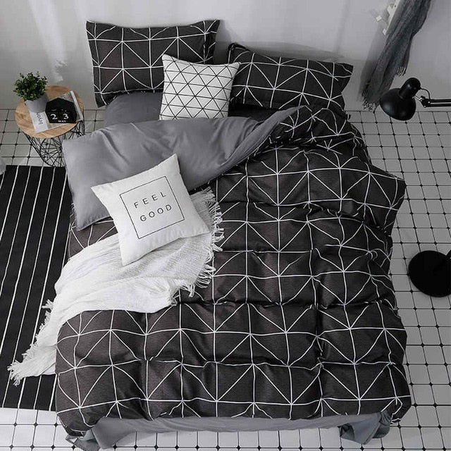 Liv-Esthete Fashion Classic Black Grid Bedding Set Double Queen King Bed Linen Soft Duvet Cover Pillowcase Flat Sheet For Adult