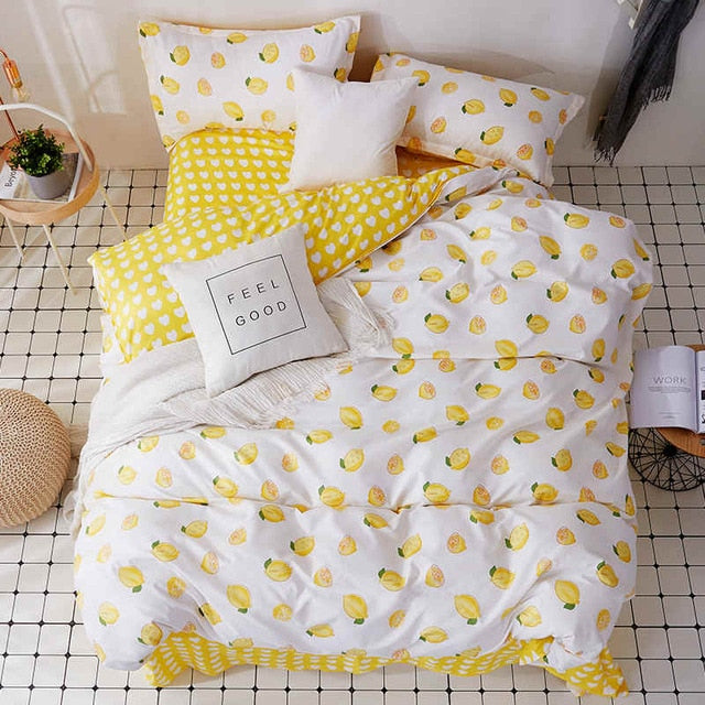 Liv-Esthete Fashion Summer Lemon Bedding Set Double Queen King Bed Linen Comfortable Duvet Cover Flat Sheet Pillowcase For Adult