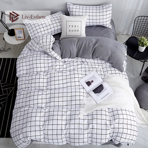 Liv-Esthete Fashion Classic Black Grid Bedding Set Double Queen King Bed Linen Soft Duvet Cover Pillowcase Flat Sheet For Adult