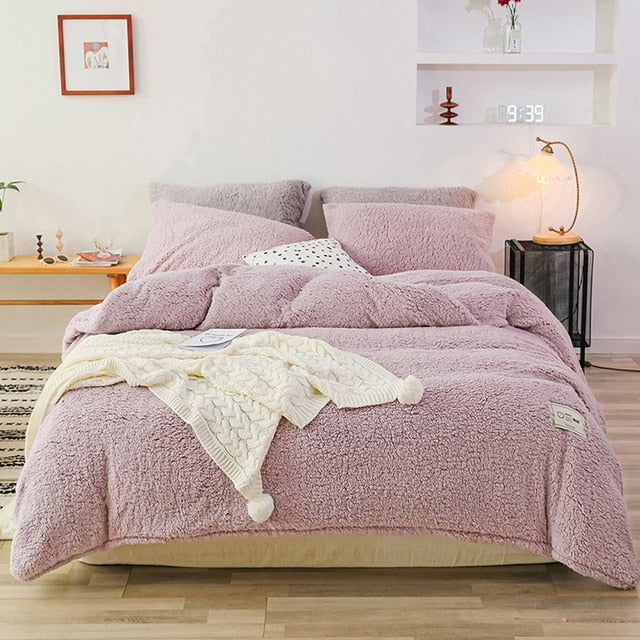 Home Textiles Quilt Cover 1pcs Pillow Case 2pcs Winter bedding set soft warm lamb cashmere duvet cover solid fleece bed cover