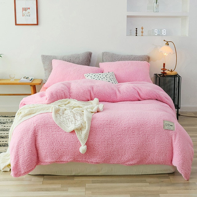 Home Textiles Quilt Cover 1pcs Pillow Case 2pcs Winter bedding set soft warm lamb cashmere duvet cover solid fleece bed cover