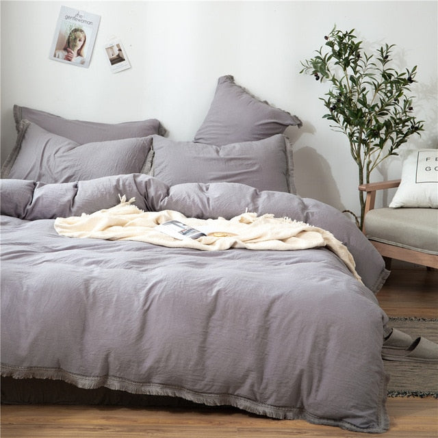 2/3Pcs/set White Fringed Tassel Duvet Cover Set Polyester & Cotton Comforter Bedding Set US EU Sizes NO SHEET