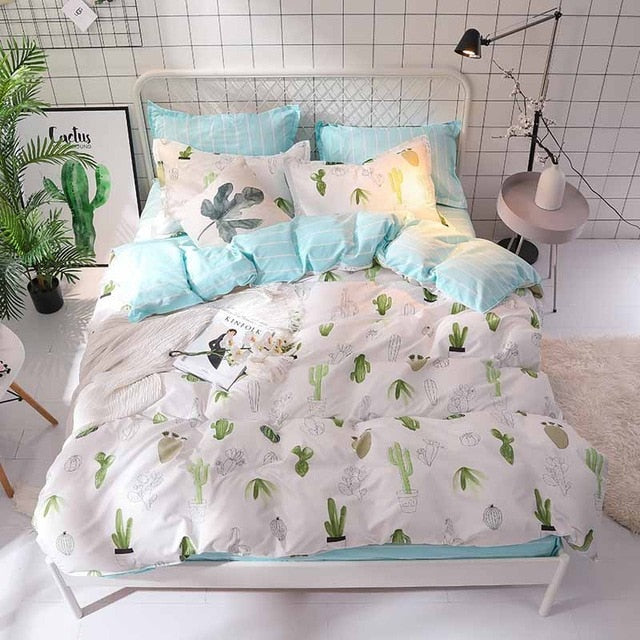 Bonenjoy Green Cactus Bedding Set Queen Size Plant Home Bedding Sheet Single Bed Linen ropa de cama King Bed Set Duvet Cover