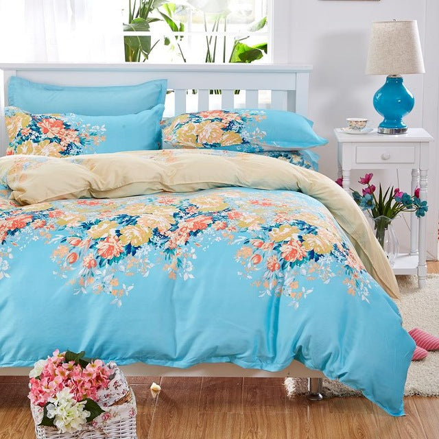 Classic bedding set 5 size grey blue flower bed linens 4pcs/set duvet cover set Pastoral bed sheet AB side duvet cover 50