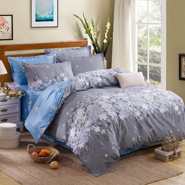 Classic bedding set 5 size grey blue flower bed linens 4pcs/set duvet cover set Pastoral bed sheet AB side duvet cover 50