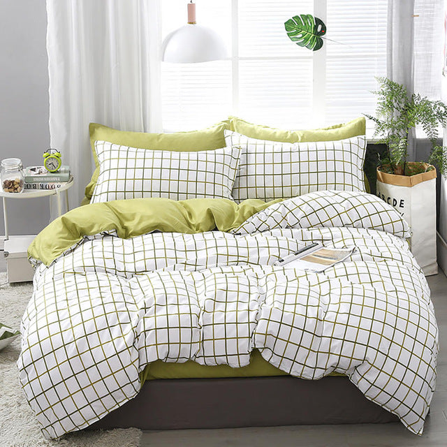 Thumbedding Grid Bedding Set Green Simple Fashionable Duvet Cover King Size Queen Full Twin Single Unique Design Bed Set