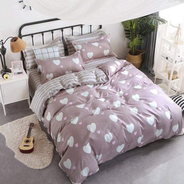 3/4pcs stripe print Bedding Set pillowcase duvet cover Bedding set flat sheet bedclothes Black Color Cartoon Duvet Cover Sheet