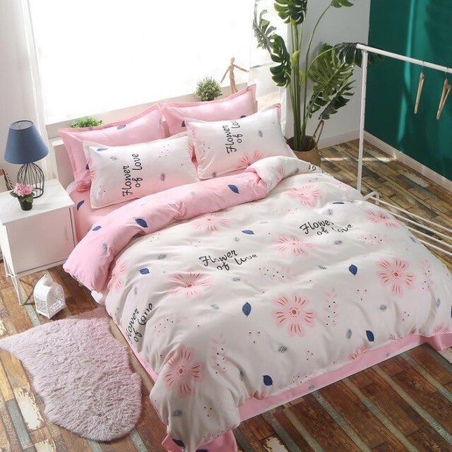 3/4pcs stripe print Bedding Set pillowcase duvet cover Bedding set flat sheet bedclothes Black Color Cartoon Duvet Cover Sheet