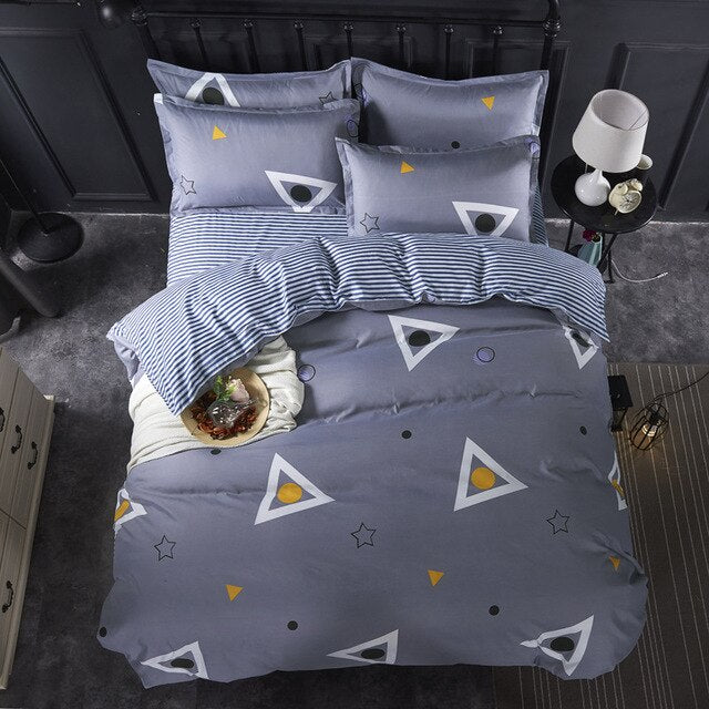 3/4pcs stripe print Bedding Set pillowcase duvet cover Bedding set flat sheet bedclothes Black Color Cartoon Duvet Cover Sheet