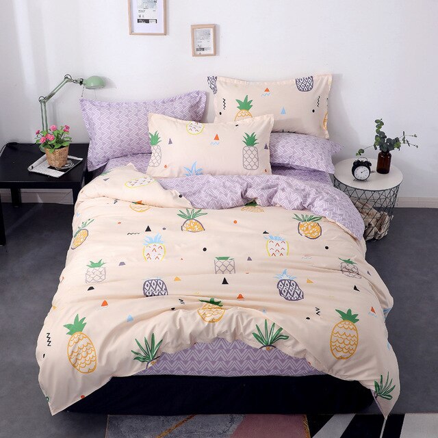 3/4pcs stripe print Bedding Set pillowcase duvet cover Bedding set flat sheet bedclothes Black Color Cartoon Duvet Cover Sheet