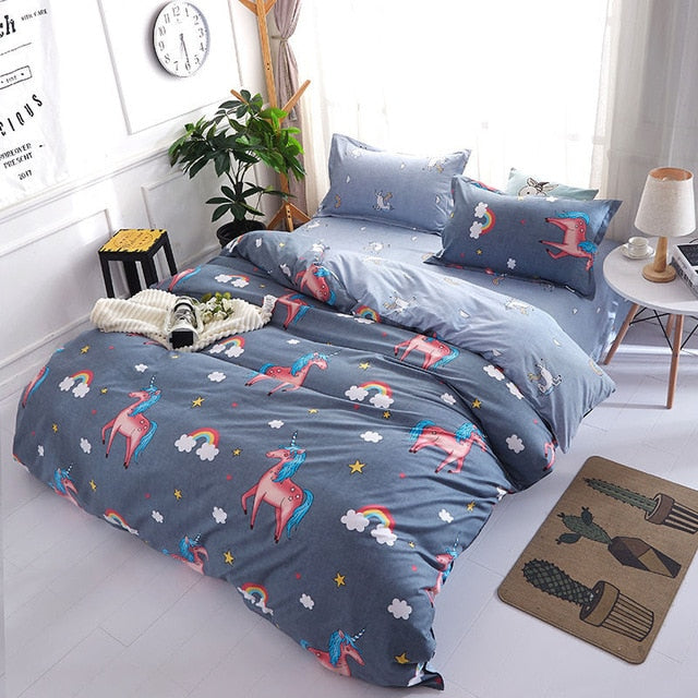 Cartoon Elephant Unicorn Girl Boy Duvet Bed Pillowcase Comforter Bedding Set