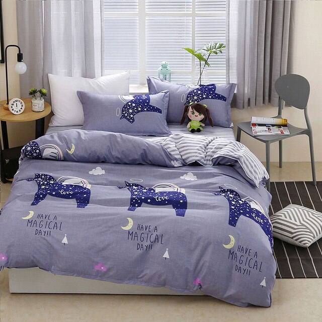 Cartoon Elephant Unicorn Girl Boy Duvet Bed Pillowcase Comforter Bedding Set